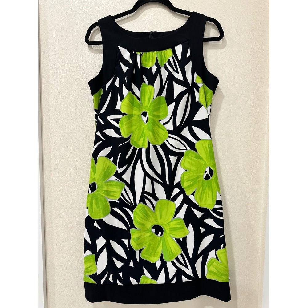 AGB Dress Womens 10 Lime Green Black White Floral Sleeveless Sheath Mod Retro